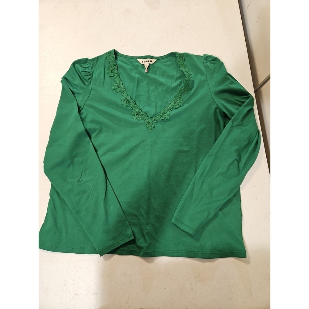 Boden Green Long-Sleeve V-Neck Top with Lace Trim